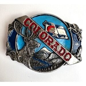 Vintage 1985 Siskiyou Pewter Enamel Belt Buckle Colorado Elk Flag Mountain Blue